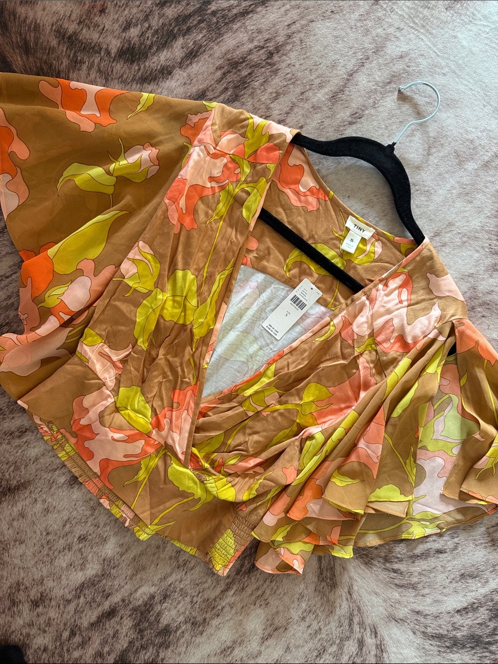 Anthropologie Brown Floral Wrap Crop Top with Lime & Coral Print